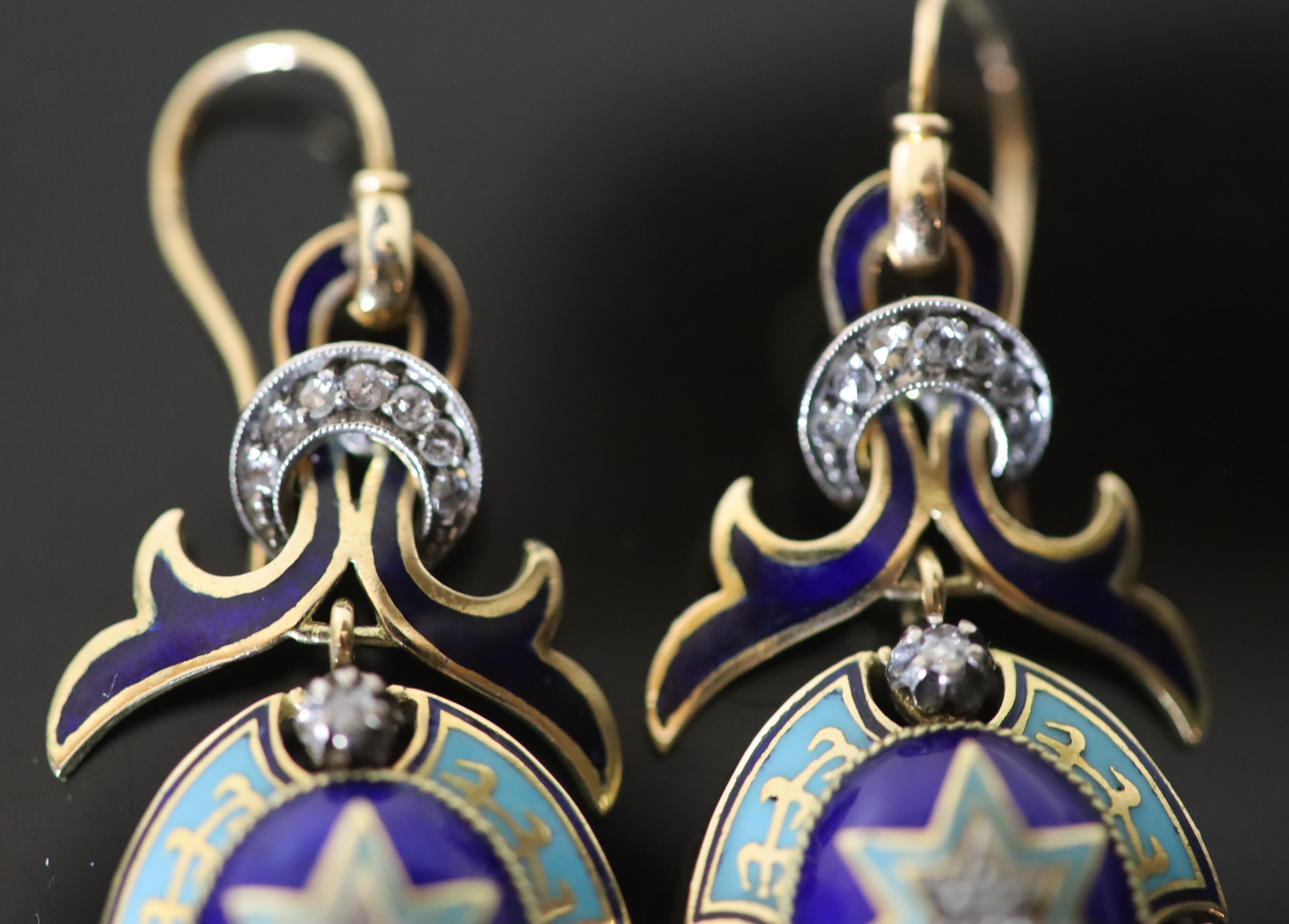 A pair of Italian 19th century style 14k gold (stamped 585), rose cut diamond and two colour enamel set oval tassel drop earrings,